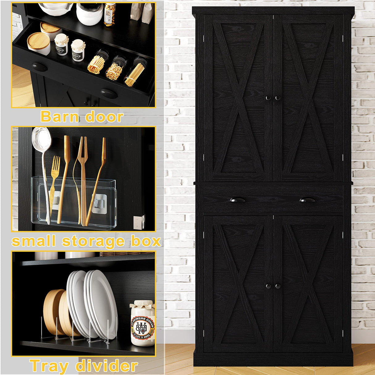 IRONCK Kitchen Pantry 72" Height,Storage Cabinet with Drawer, 4 Adjustable Shelves, Barn Doors, Freestanding Cupboard, Black IRONCK