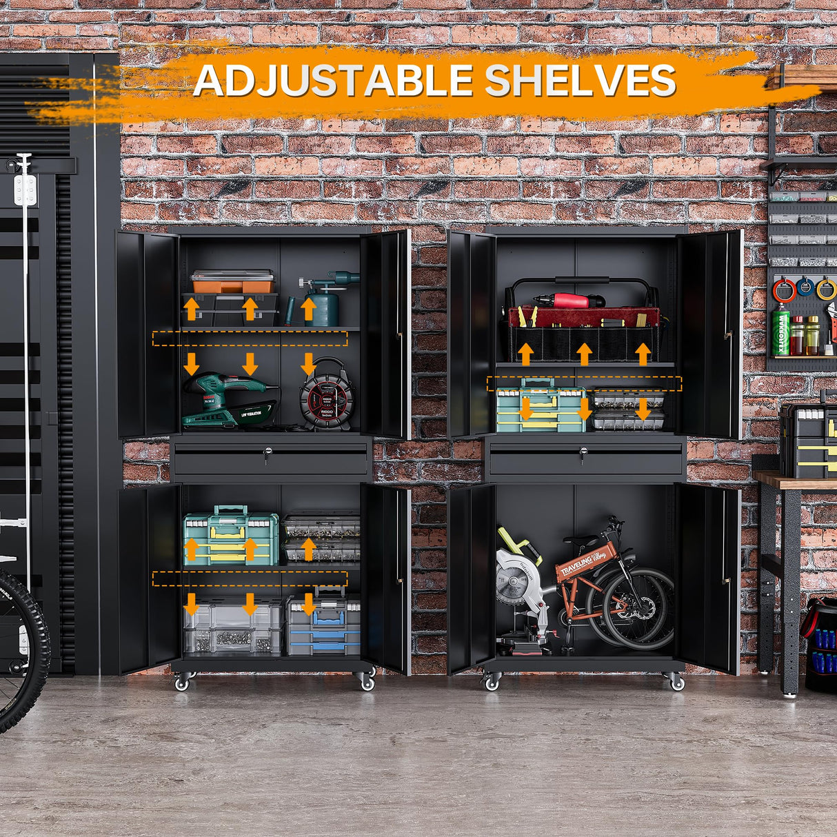 STANI Metal Garage Storage Cabinets with Drawer, 4 Doors Tool Storage Cabinet with 2 Adjustable Shelves, 72"-Rolling Steel Locking Cabinet for Garage STANI