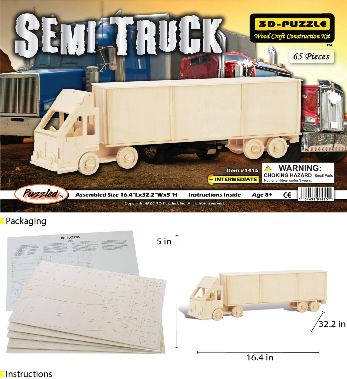 Puzzled 3D Puzzle Semi Truck Wood Craft Construction Model Kit, Fun Unique & Educational DIY Wooden Toy Assemble Model Unfinished Crafting Hobby Puzzled