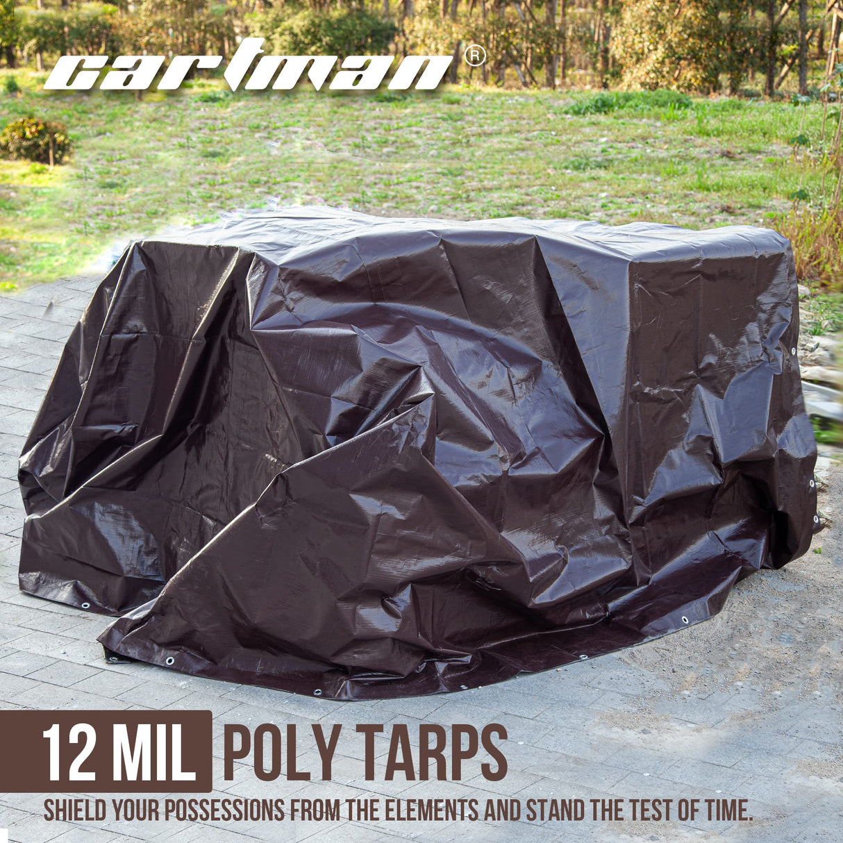 CARTMAN Finished Size 12x20 Feet Extra Thick 12 Mil Heavy Duty Poly Tarp, Multipurpose Protective Cover, UV Resistant, Waterproof Poly Tarpaulin with CARTMAN