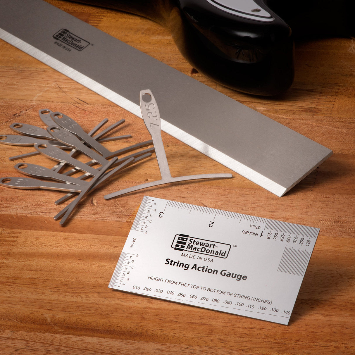 StewMac Basic Guitar Setup Kit - Inches | Includes String Action Gauge, 18" Precision Straightedge, and 9 Understring Radius Gauges | Professional, StewMac