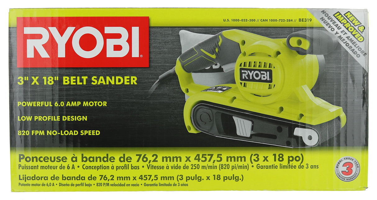 Ryobi BE319 6 Amp Portable 320 Feet / Minute Corded Belt Sander (3” x 18”) w/ Onboard Removable Dust Bag (Medium Grit Sanding Belt Included) Ryobi