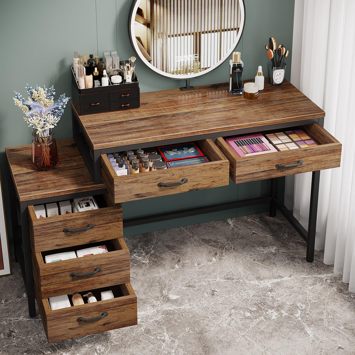 Tribesigns Vanity Desk with 5 Drawers, Makeup Vanity Table Dressing Table with Side 3-Drawer Chest, Make Up Vanities for Women, Girls (Without Tribesigns