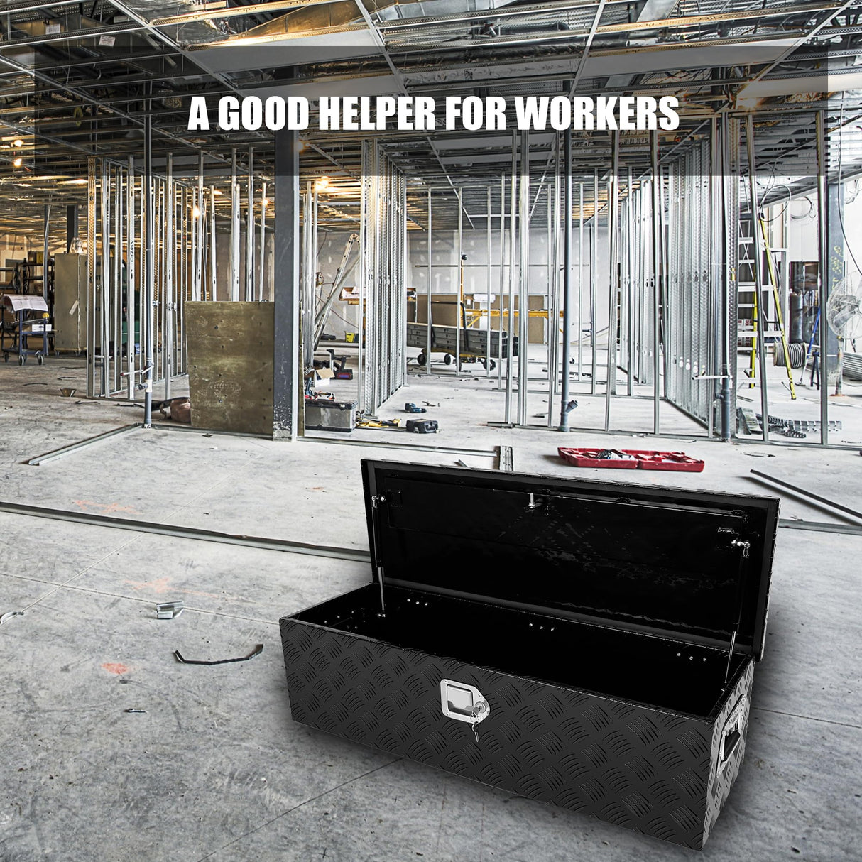 confote 39 Inch Heavy Duty Aluminum Stripes Plated Tool Box Pick Up Truck Bed RV Trailer Toolbox Waterproof Square Storage Organizer with Side confote