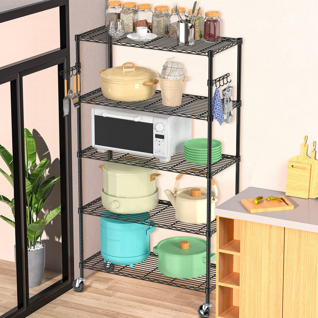 Folews 5 Tier Storage Shelves with Wheels - Metal Shelves for Storage Adjustable Wire Shelving Unit Organizer Storage Rack Shelf for Kitchen Garage Folews