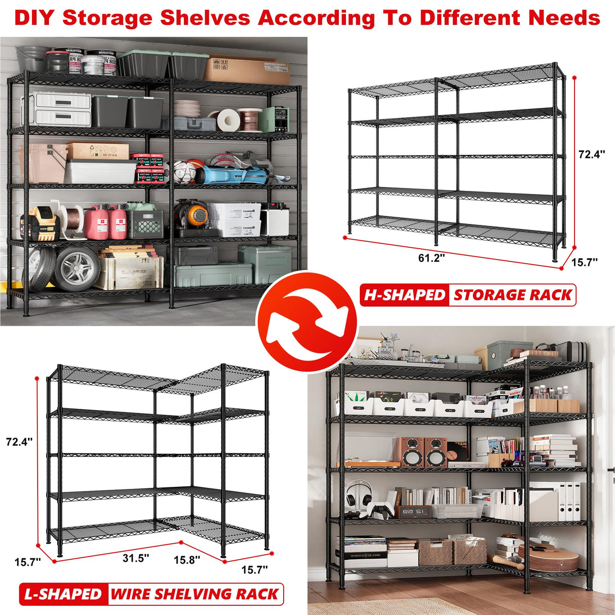REIBII 61.2''W Storage Shelves 1500LBS Wire Shelving Unit 5 Tier Metal Shelving for Storage Rack Shelves for Storage Heavy Duty Garage Shelf Pantry REIBII