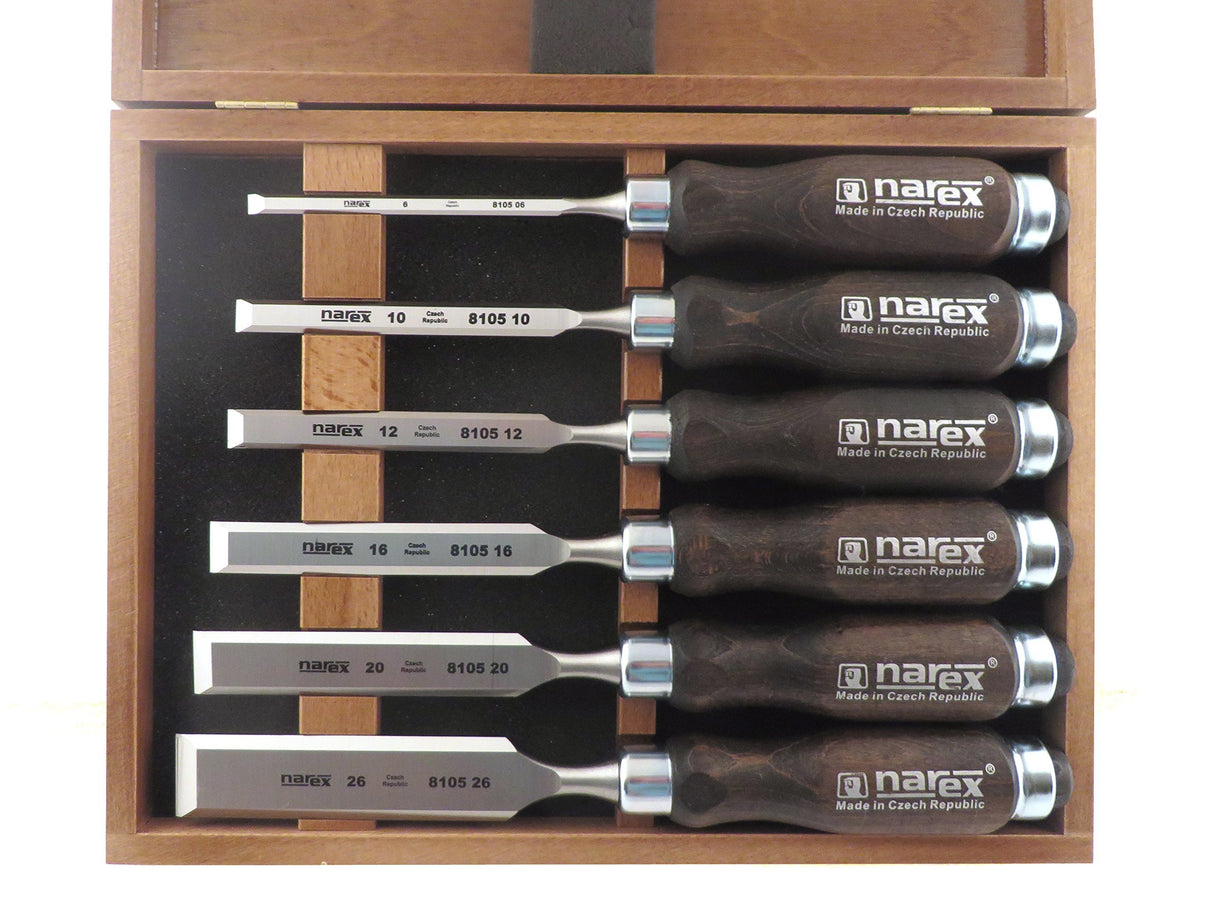 Narex 6 pc Set 6 mm (1/4), 10 (3/8), 12 (1/2), 16 (5/8), 20 (13/16), 26 (1-1/16) Woodworking Chisels in Wooden Presentation Box 853053 Narex