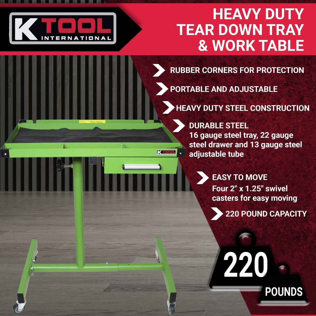 K Tool International 75108 Adjustable Tear Down Work Table with Drawer for Garages, Repair Shops, and DIY, Portable, (4) 2" Swivel Casters, 220 Pound K Tool International