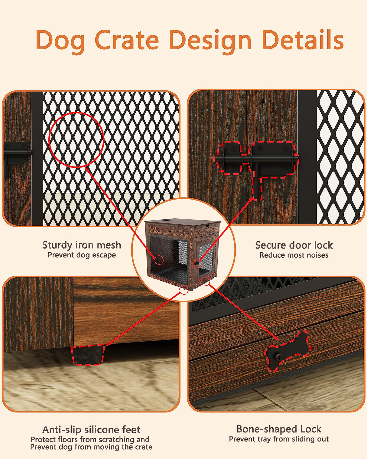 Piskyet Dog Crate Furniture,Wooden Dog Crate End Table with Storage Drawer&Cushion&Tray, QC3.0 Wireless Fast Charging&Dual USB, Dog Crate Indoor Piskyet