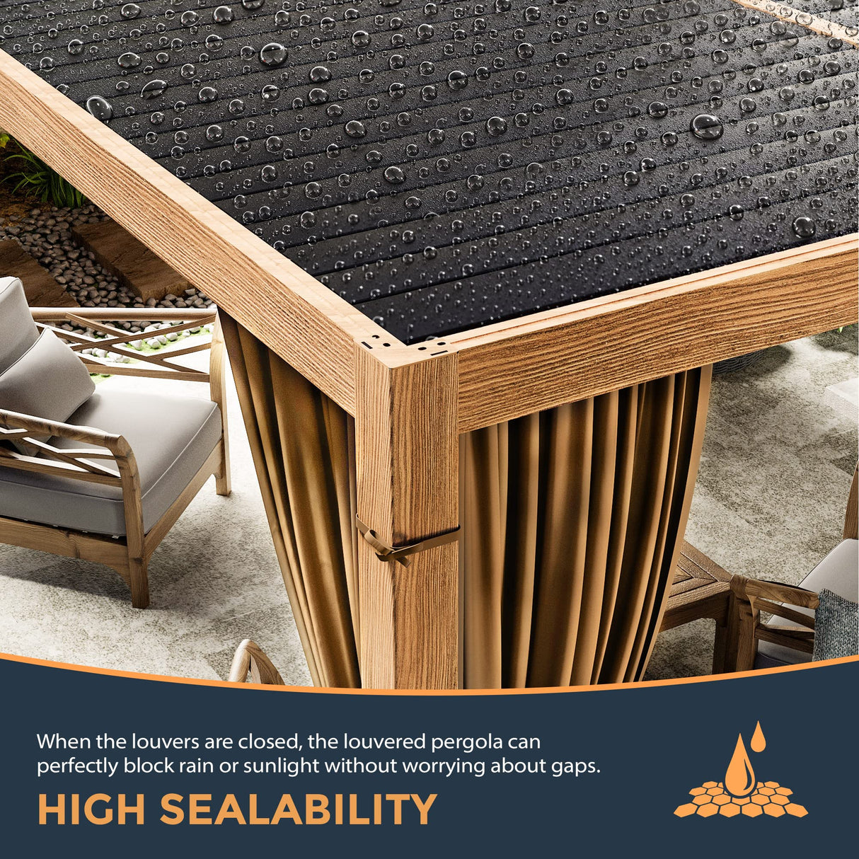 HAPPATIO Louvered Pergola 10x13 Outdoor Pergola, Woodgrain-Look Metal Pergola with Adjustable Rainproof Roof, Patio Pergola with Curtains and HAPPATIO