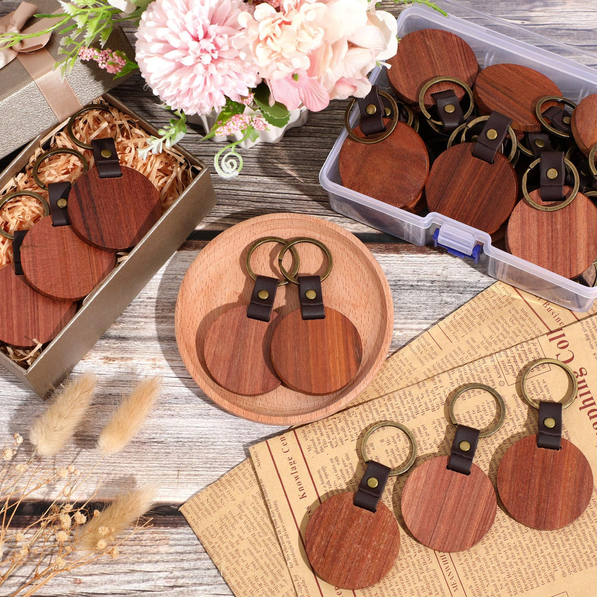 Ecally 36 Pcs Wooden Keychain Blanks Leather Strap Wood Keychain Blanks Round Wood Keyring with for DIY Employee Coworker Gift Craft Ecally