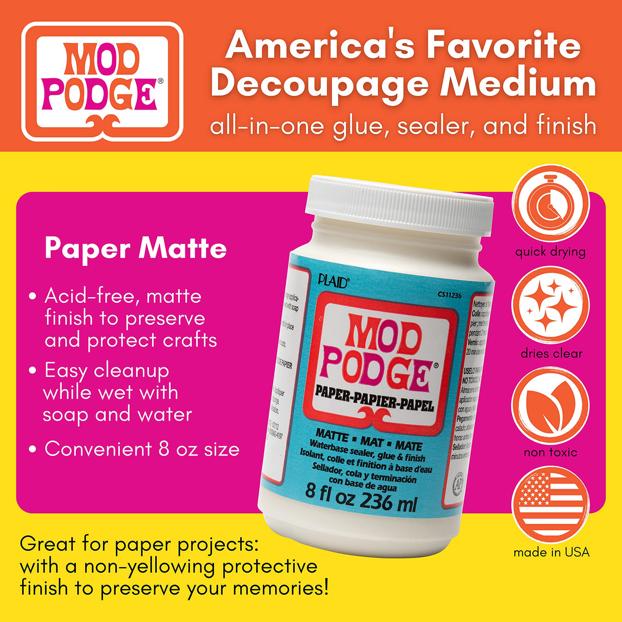 Mod Podge Waterbase Sealer, Glue and Finish for Paper (8-Ounce), CS11236 Matte Finish Mod Podge