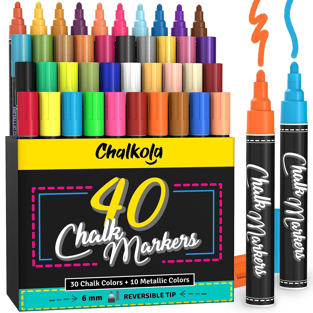 Chalkola Chalk Markers - Pack of 40 (Neon, Pastel & Metallic) Liquid Chalk Pens - For Chalkboard, Blackboard, Window, Labels, Bistro, Glass, Car, Chalkola