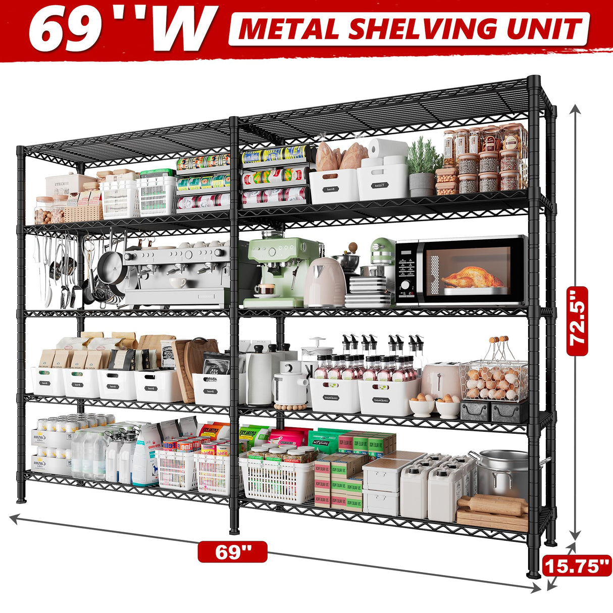 REIBII 69" W Storage Shelves,Wire Shelving Load 1600LB Metal Shelves for Storage 5-Tier Heavy Duty Shelving Unit with Shelf Adjustable Garage REIBII