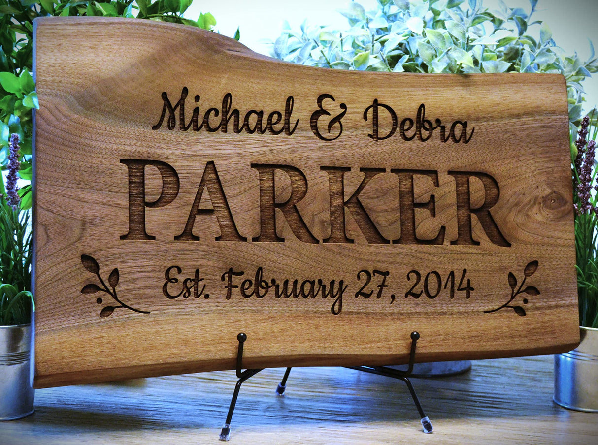 Personalized Cutting Board Wedding Gift Elegant Walnut Polished Live Edge Wood Display Custom Engraved Rustic Unique Anniversary Bride Groom Newlywed GK Grand Personal-Touch Premium Creations