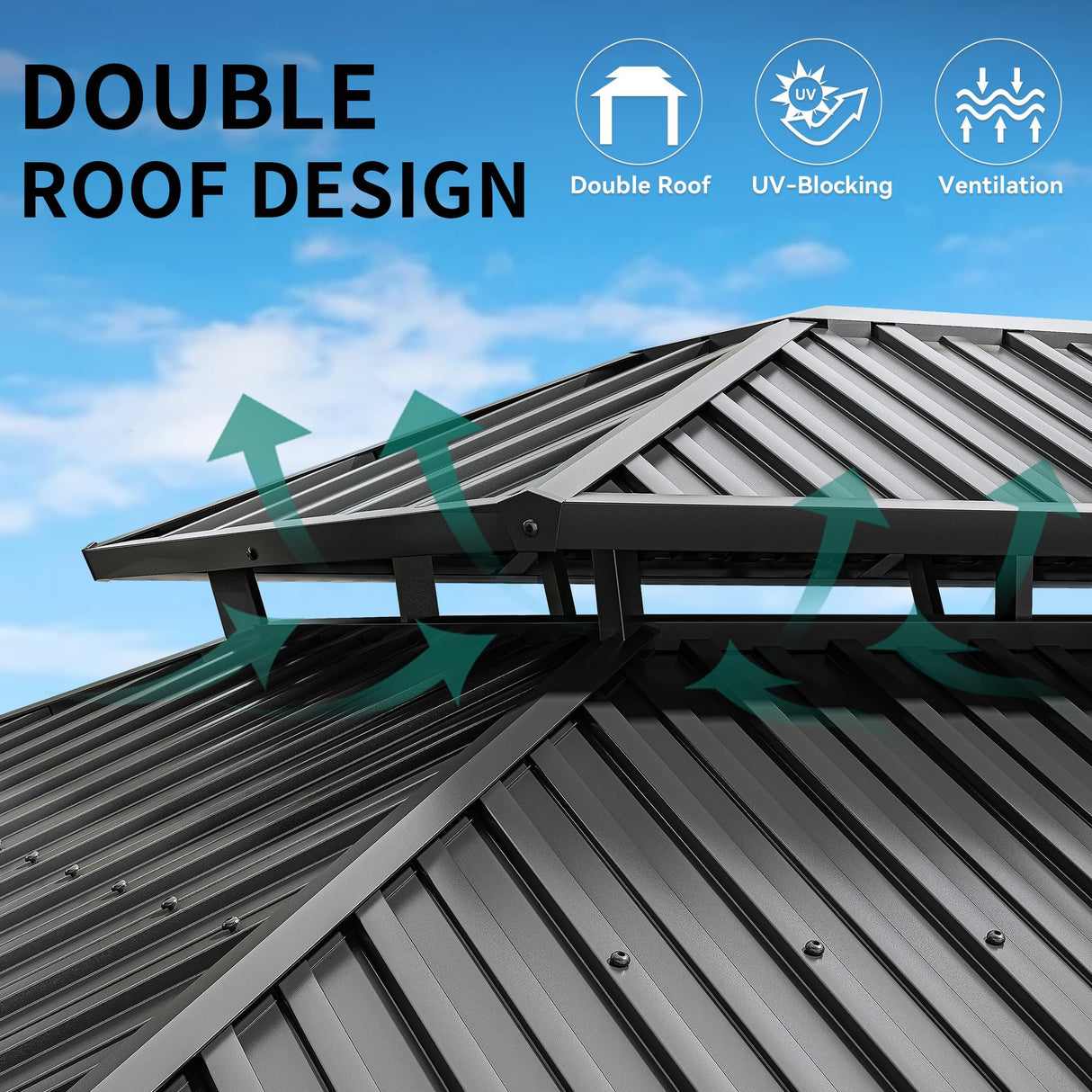 DWVO 12x20ft Hardtop Gazebo Double Roof with Nettings and Curtains, Heavy Duty Galvanized Steel Outdoor Vertical Stripes Roof for Patio, Backyard, DWVO