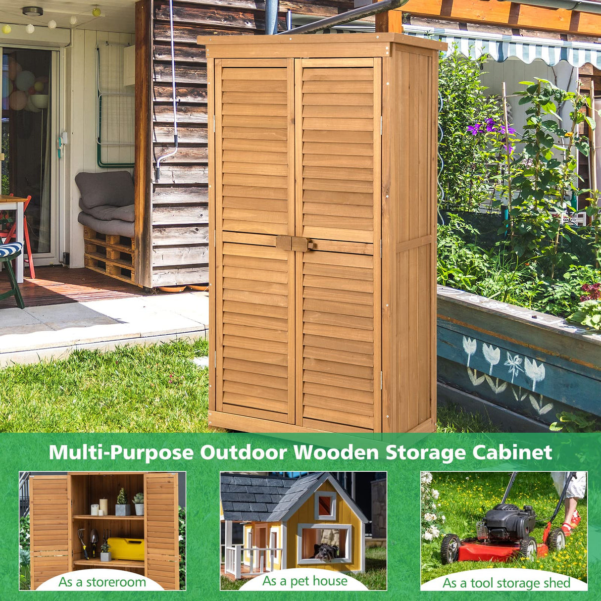 GOFLAME 63” Outdoor Storage Cabinet, Wooden Garden Storage Shed with 3 Removable Shelves, Waterproof Asphalt Roof, Adjustable Footpads, Latch, GOFLAME
