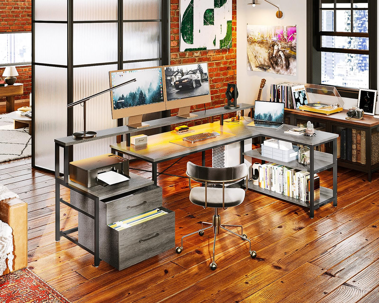 ODK 75" Reversible L Shaped Desk with LED Lighting, Power Outlet & Ample Storage ODK