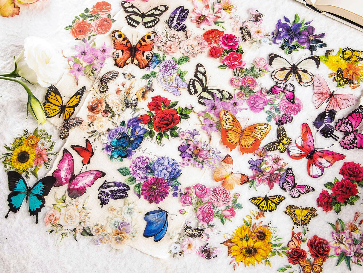 Knaid 300 Pieces Assorted Butterfly and Flower Stickers, Transparent Butterflies Floral Resin Decals Aesthetic Journaling Scrapbook Stickers for Card Knaid