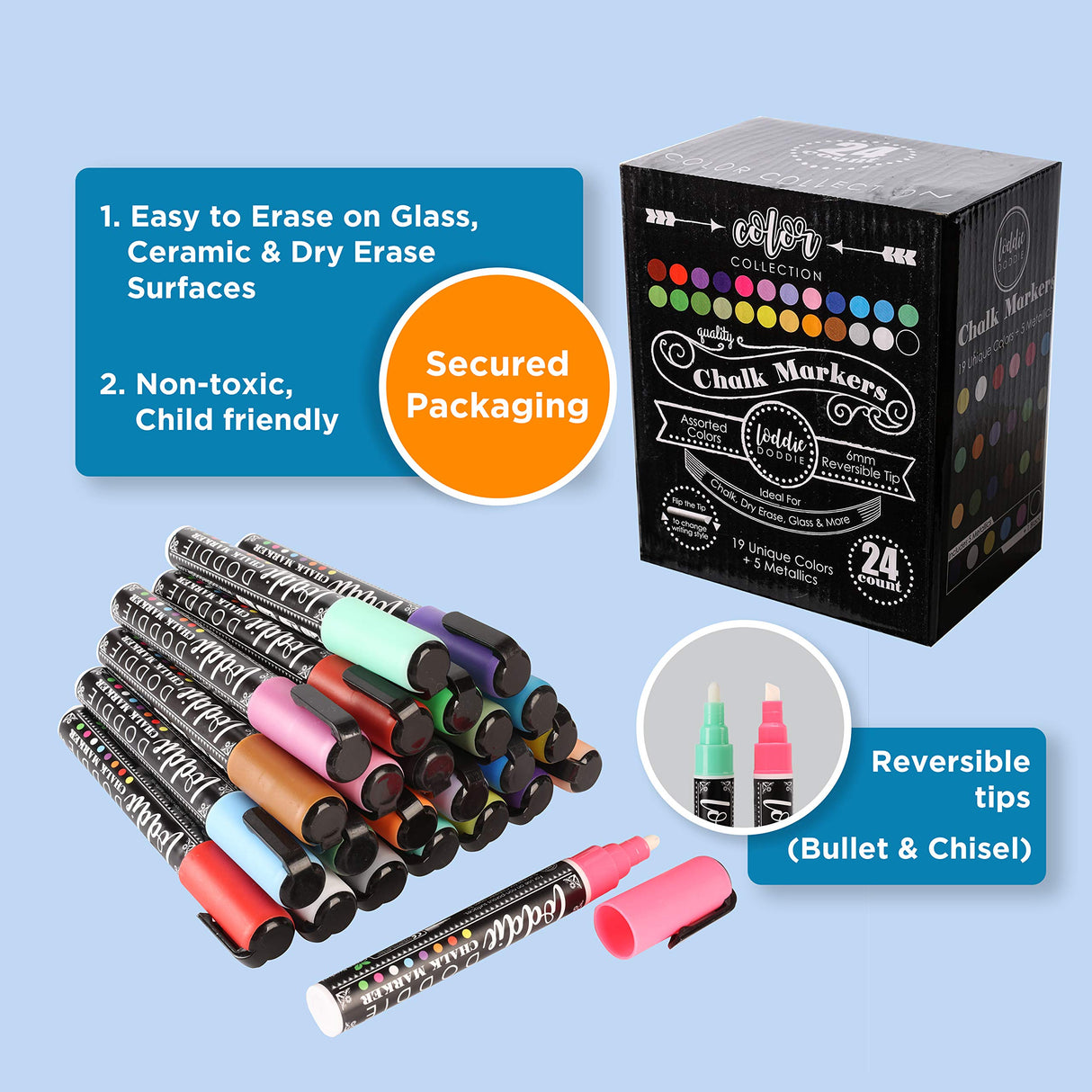 Loddie Doddie Liquid Chalk Markers | Dust Free Chalk Pens - Perfect for Chalkboards, Blackboards, Windows and Glass | 6mm Reversible Bullet & Chisel Loddie Doddie
