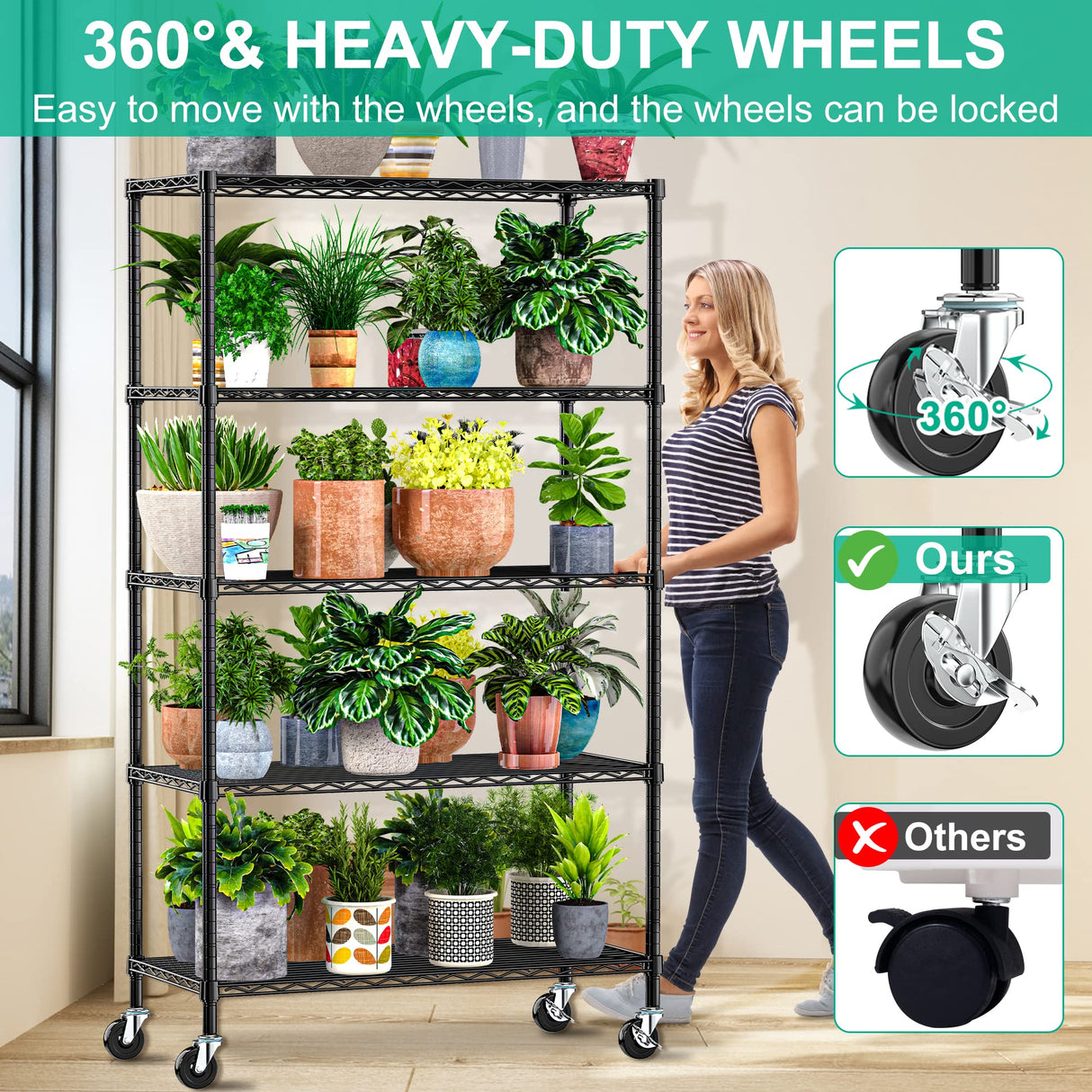 Folews 5 Tier Storage Shelves with Wheels - Metal Shelves for Storage Adjustable Wire Shelving Unit Organizer Storage Rack Shelf for Kitchen Garage Folews