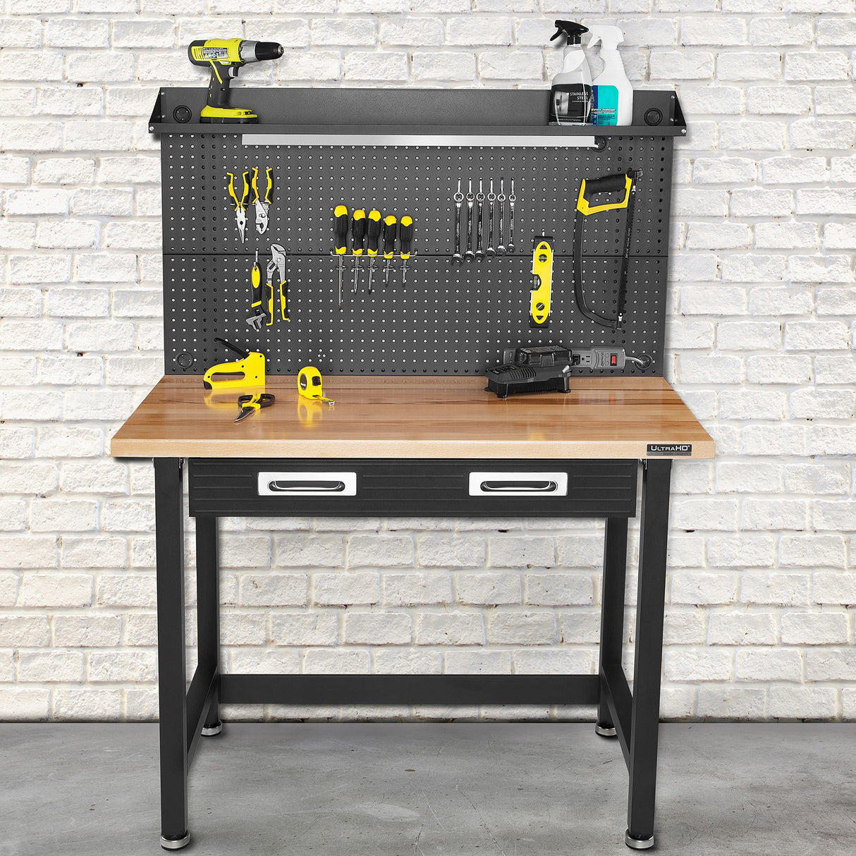 Seville Classics UltraHD Heavy Duty Commercial Lighted Workcenter w/Pegboard, 500 lbs. Weight Capacity for Garage, Warehouse, Workshop, Solid Wood Seville Classics