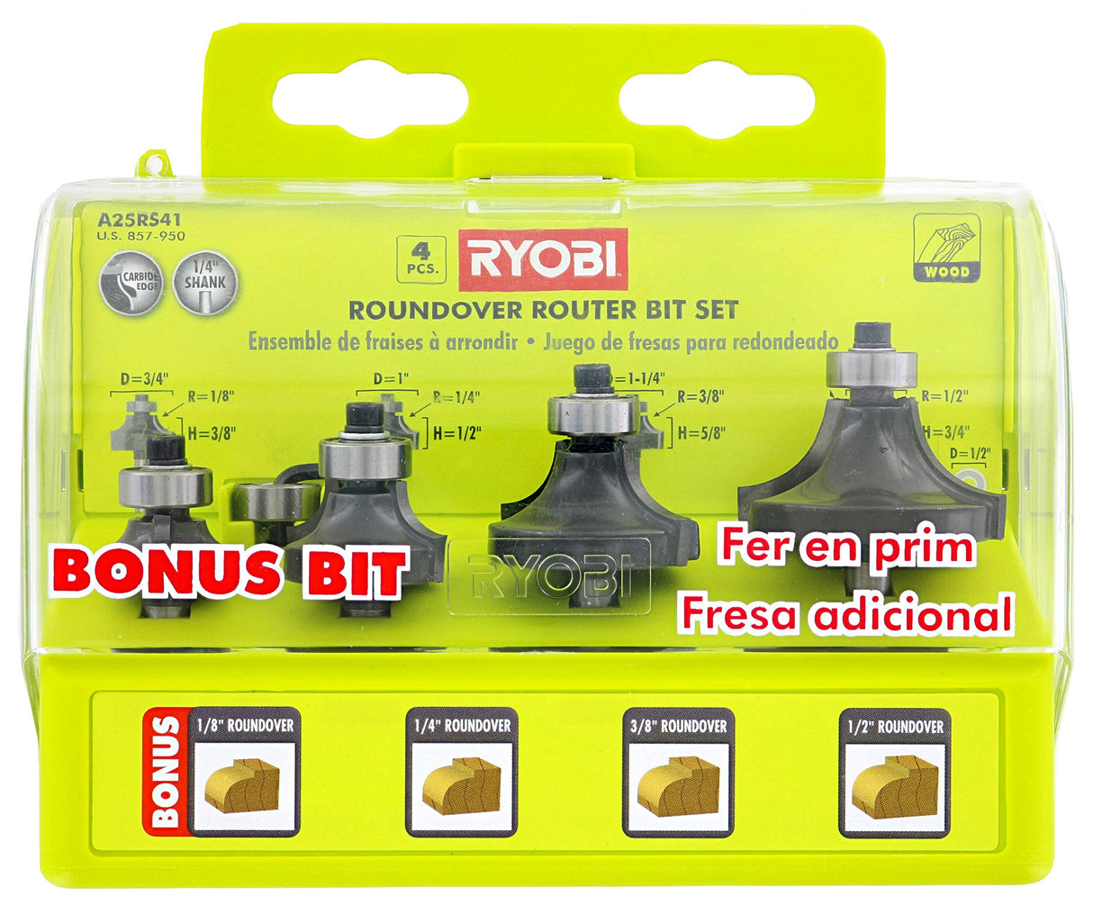 Ryobi A25RS41 4-Piece Roundover Router Bit Set Ryobi