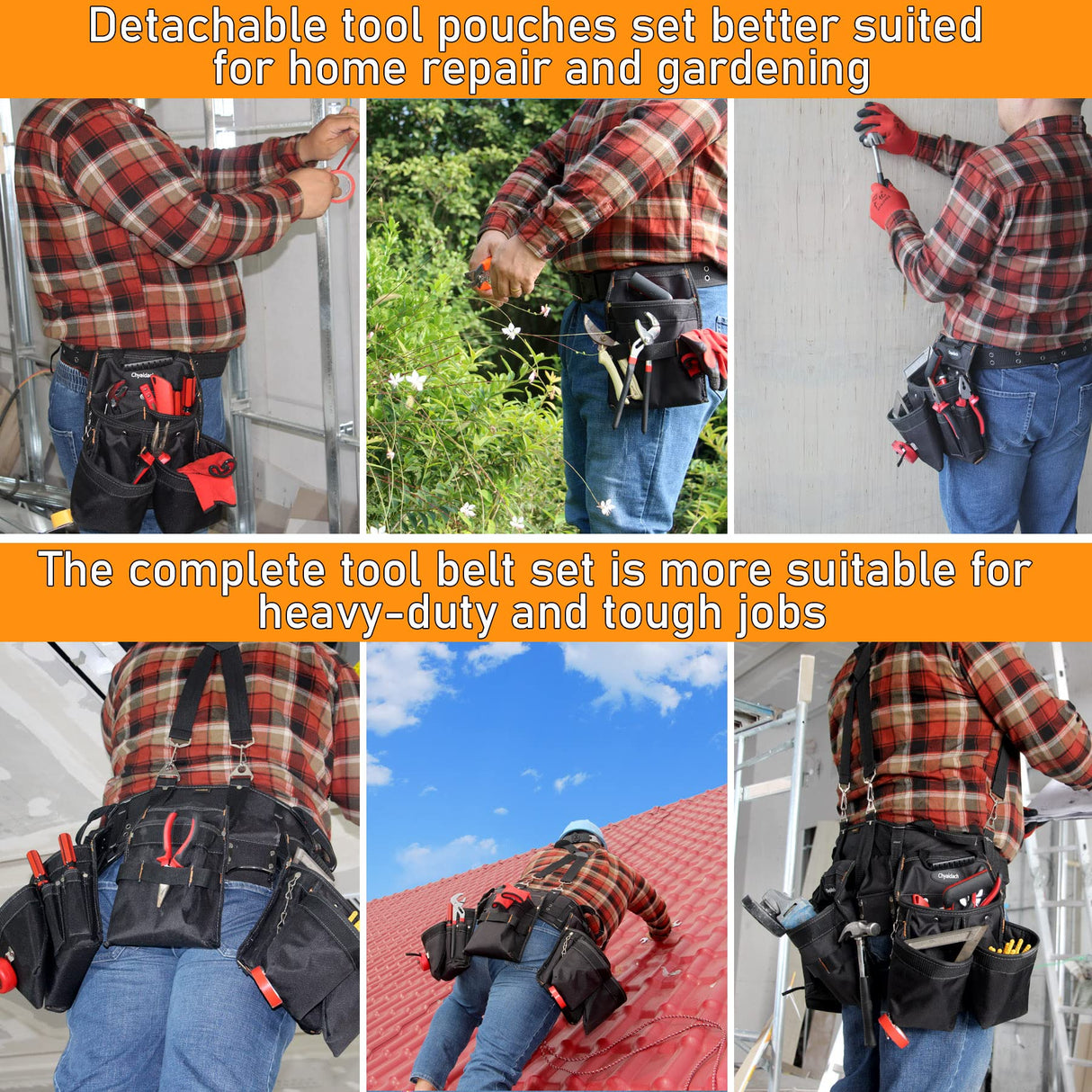 Chyaidach 16-Pockets Tool Belts for man with Suspenders, Detachable & Adjustable Tool Pouches Bag & Back Support Tool belt Combo For Chyaidach