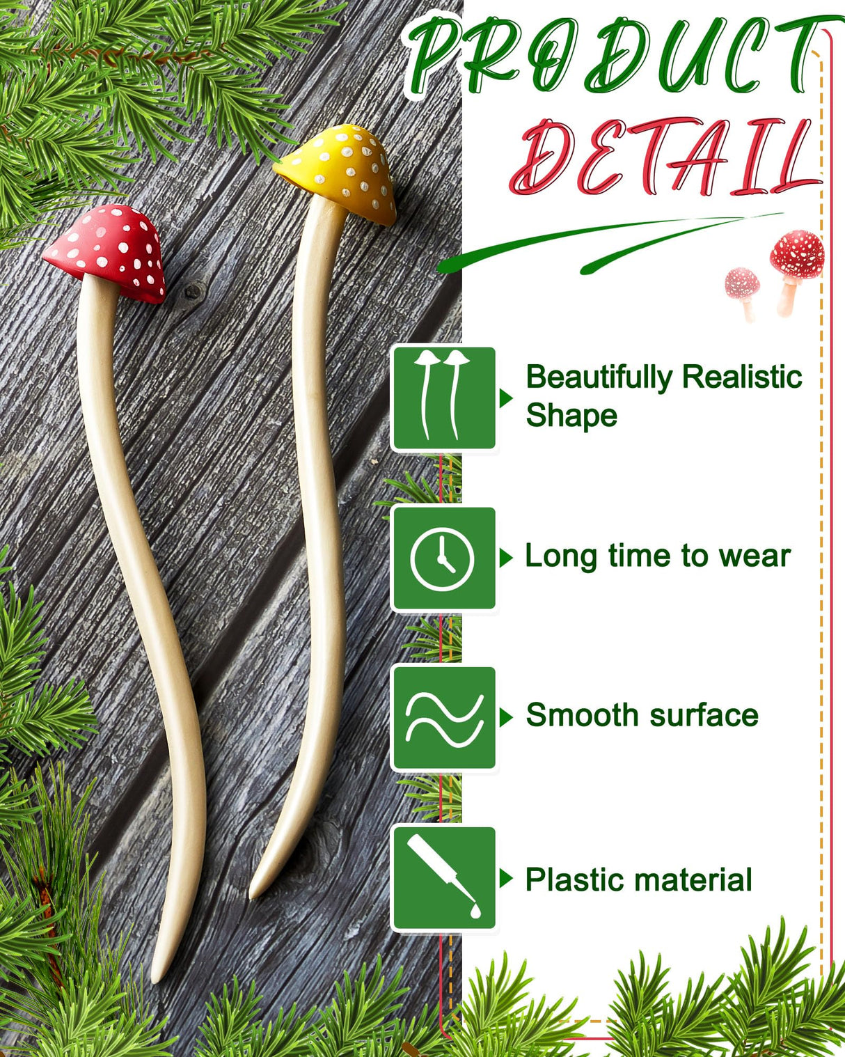 Taiyin 2 Pcs Mushroom Hair Stick Christmas Hair Sticks for Long Hair Chinese Hair Chopsticks for Women Girl Hair Sticks for Buns Cute Print Hair Taiyin