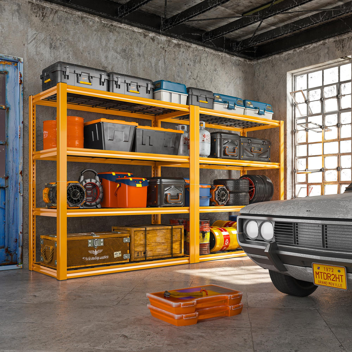 REIBII 40"W Garage Shelving Heavy Duty Loads 2240LBS Garage Storage Shelves Heavy Duty Shelving 4-Tier Adjustable Metal Shelves for Storage Rack REIBII