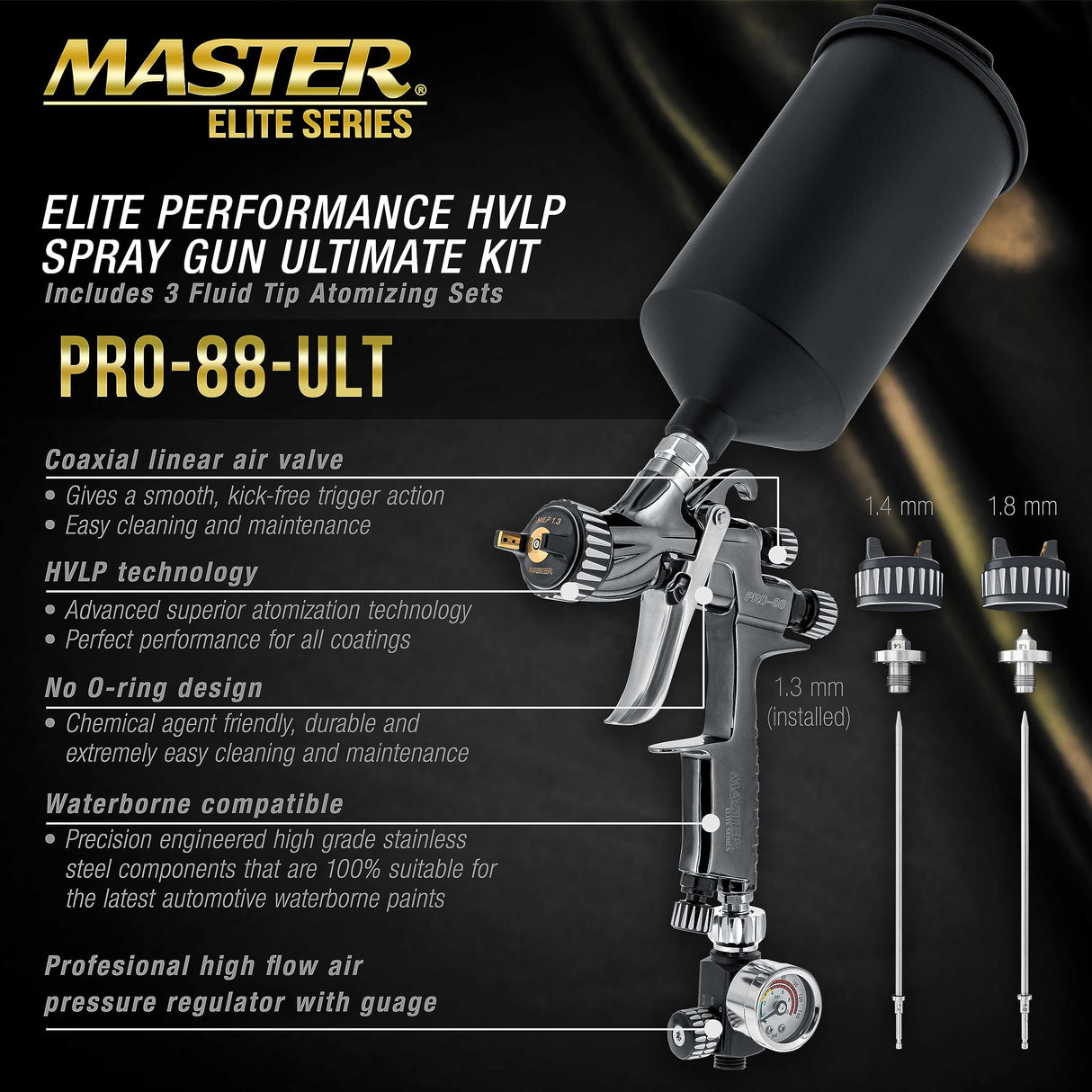 Master Elite Performance PRO-88 Series HVLP Spray Gun Ultimate Kit with 3 Fluid Tip Sets 1.3, 1.4 and 1.8mm and Air Pressure Regulator Gauge, MPS Cup Master Airbrush