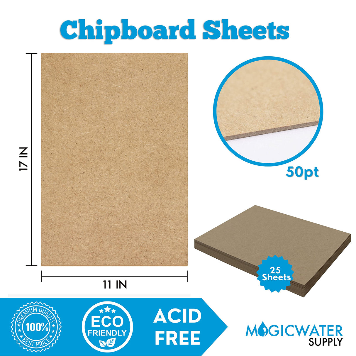 25 Chipboard Sheets 11 x 17 inch - 50pt (Point) Heavy Weight Brown Kraft Cardboard for Scrapbooking & Picture Frame Backing (.050 Caliper Thick) MagicWater Supply