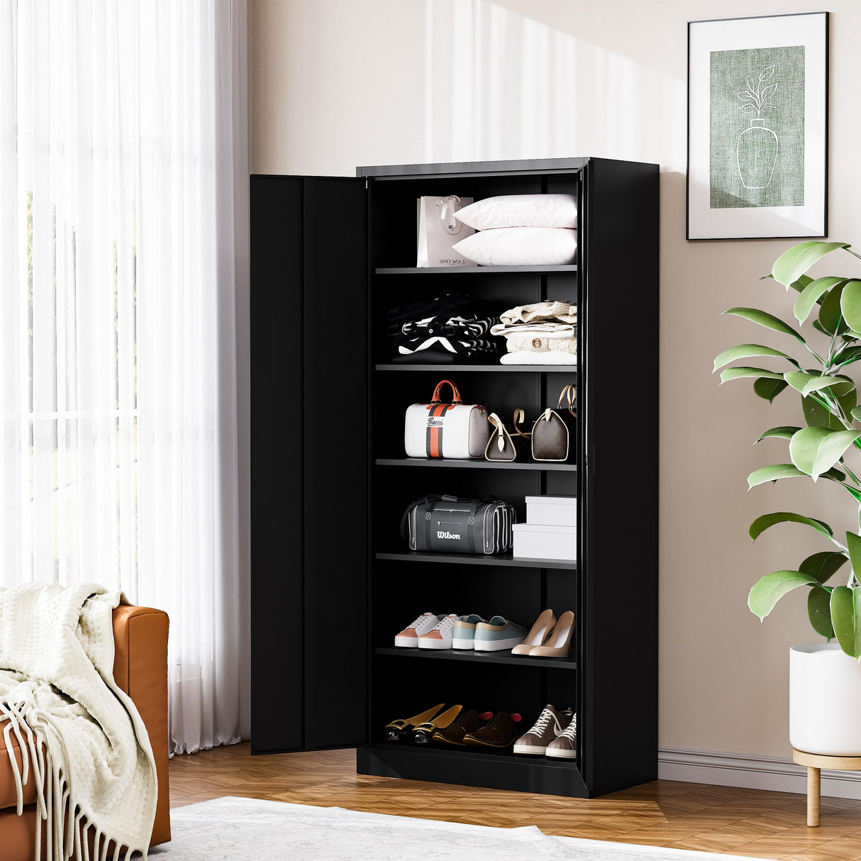 BYNSOE Metal Garage Storage Cabinet with Lock and 5 Adjustable Shelves, Steel Tool Cabinets with Locking Door for Home, School, Office, Garage BYNSOE