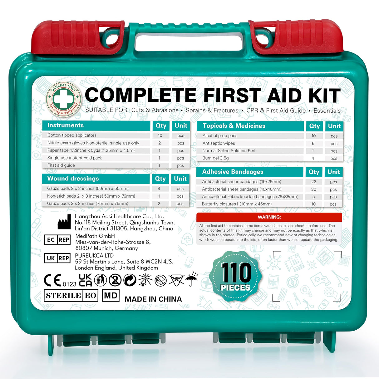 General Medi 110 Pieces Small First Aid Kit - HardCase First Aid Box - Contains Premium Medical Supplies for Travel, Home, Office, Vehicle, Camping, General Medi