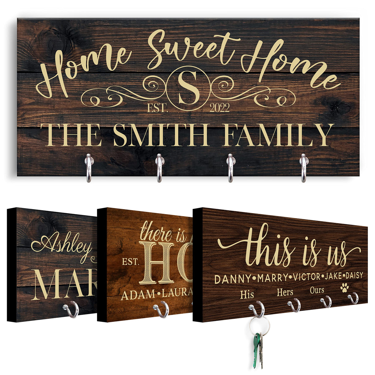 Personalized Key Holder for Wall - Custom Key Hanger with Family Name | 12 Designs, 8 Background Options | House Warming Presents for New Home, Brd Gifts