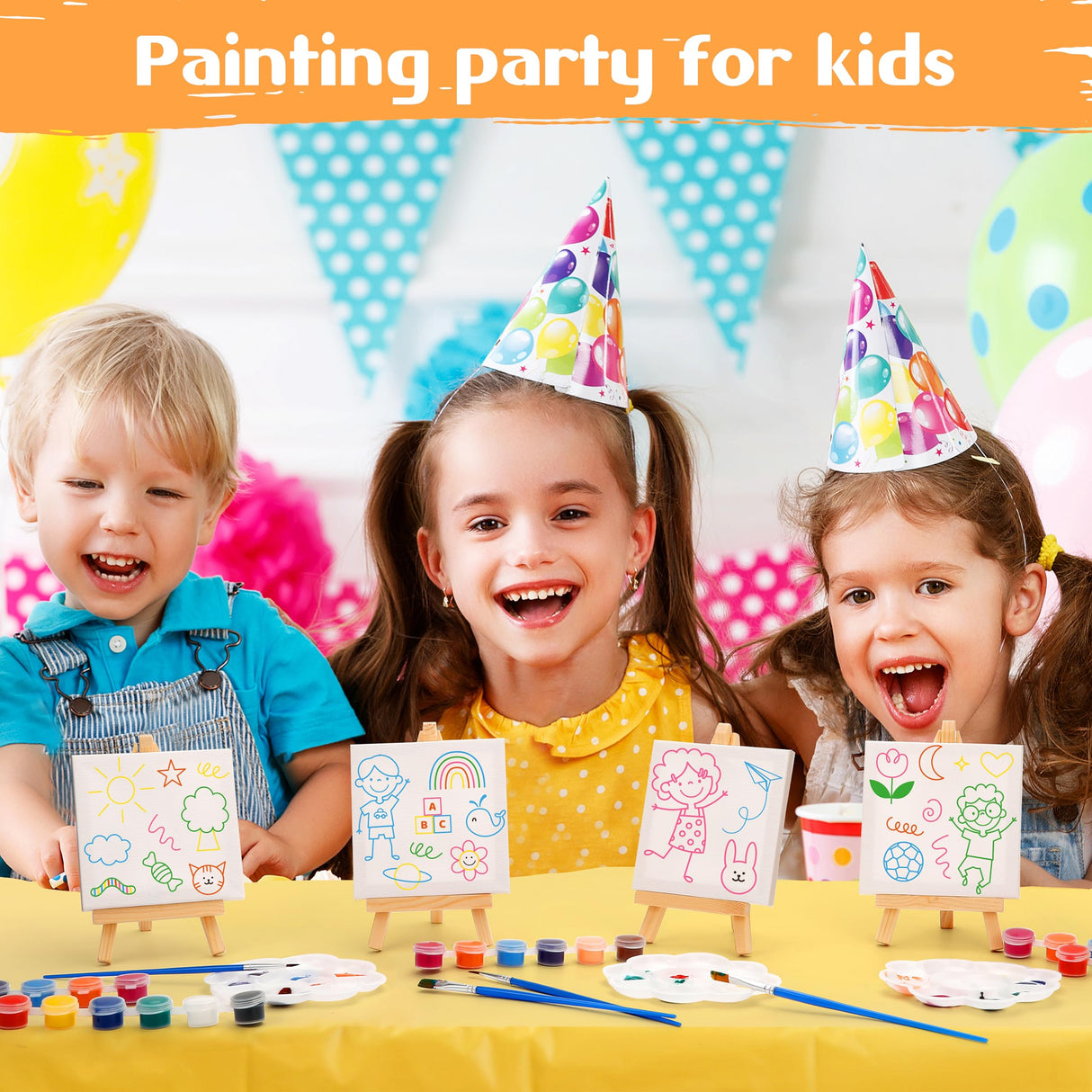 Auihiay 12 Sets Mini Canvases for Painting, Art Canvas Painting Kit with 4 x 4 Inch Mini Canvas and Stretched Easel, Acrylic Paint, Brush, Palette, Auihiay