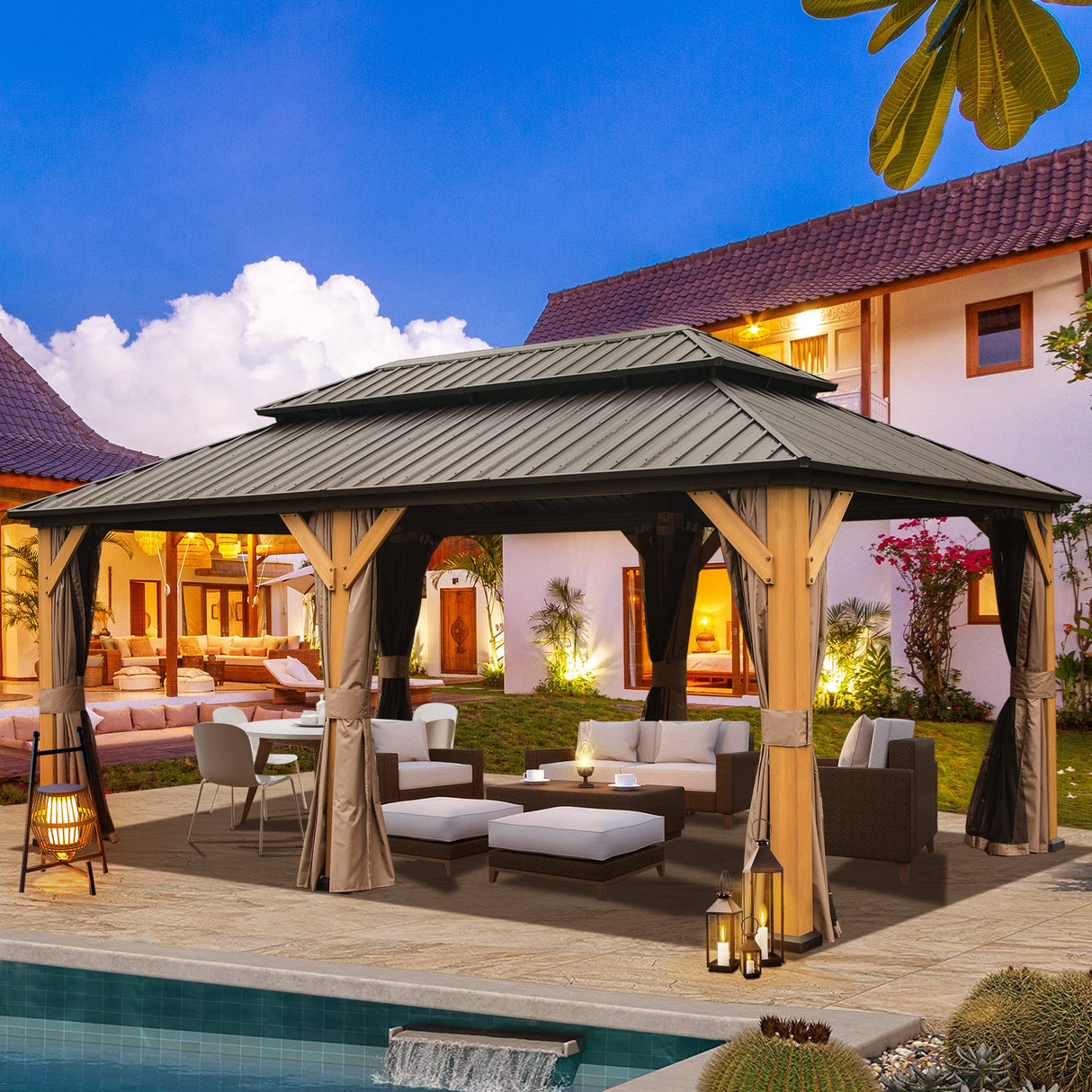 Domi Hardtop Gazebo 12’x20’ Cedar Frame Wood Gazebo with Galvanized Steel Double Roof, Outdoor Permanent Metal Gazebo with Curtains and Netting for domi outdoor living