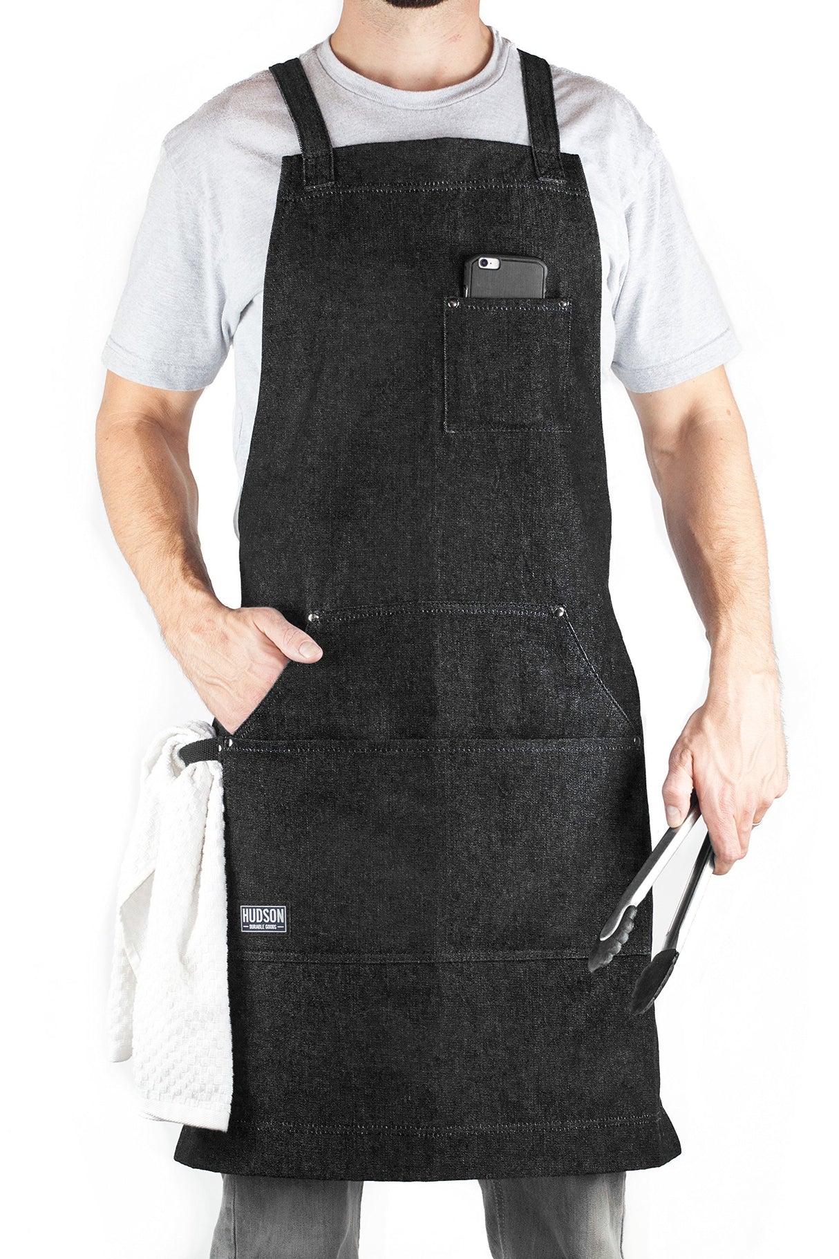 Hudson Durable Goods Adjustable Crossback Denim Apron with Pockets – 34 x 27 In. Chefs Apron with 4 Pockets and Loop Fits Most – Black Denim Apron Hudson Durable Goods