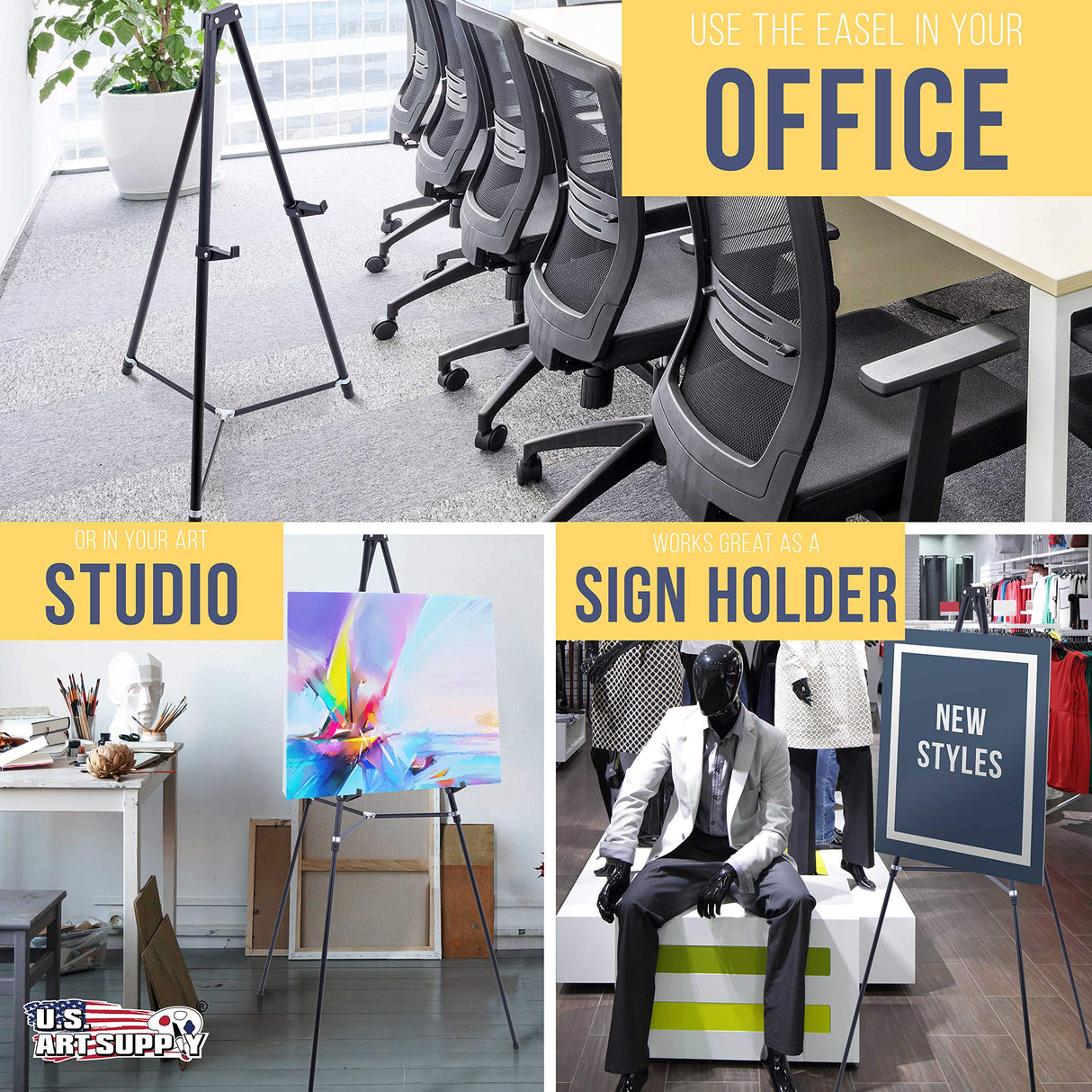 U.S. Art Supply 66" High Showroom Black Aluminum Display Easel and Presentation Stand - Large Adjustable Height Portable Tripod, Holds 25 lbs - Floor US Art Supply