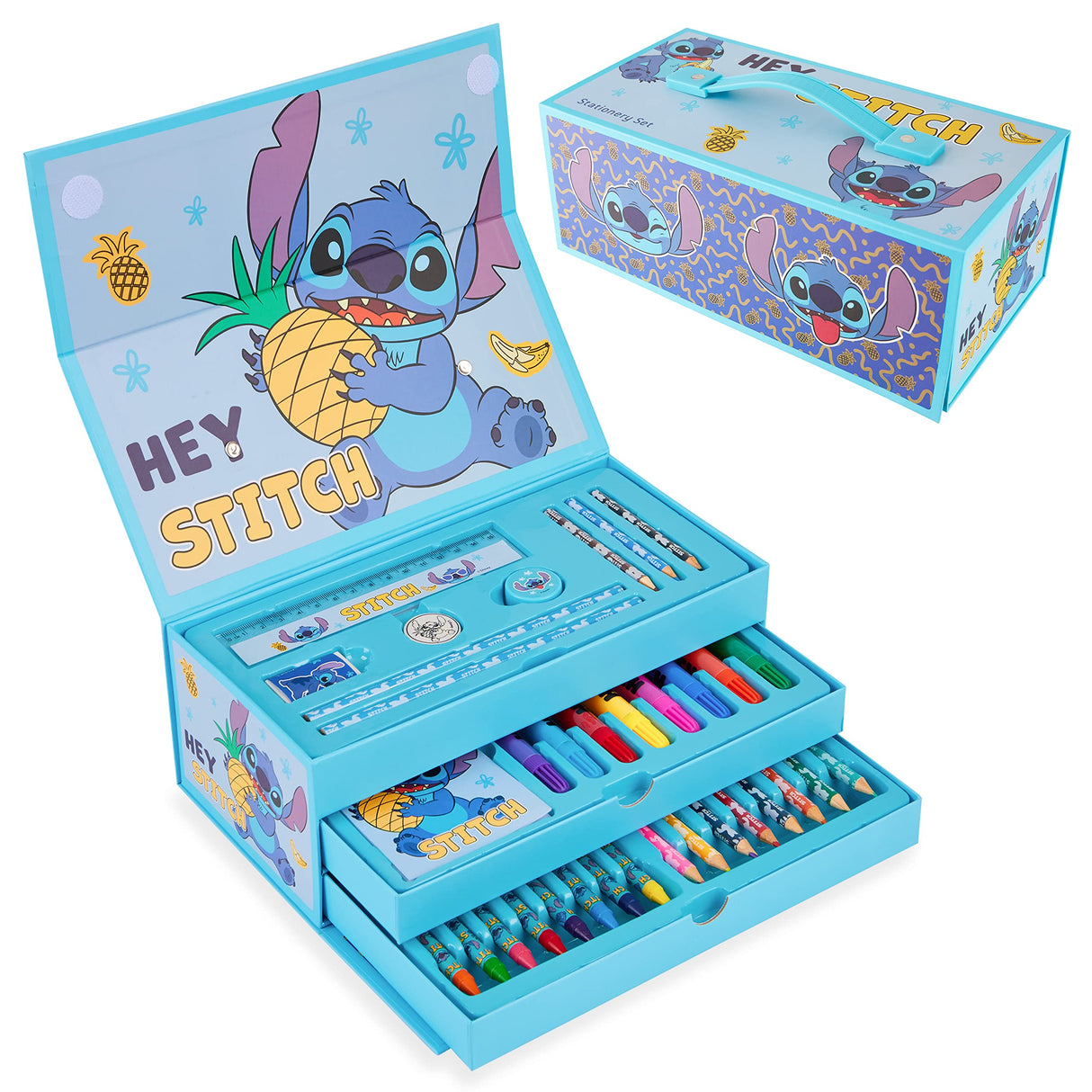 Disney Stitch Colouring Pencils for Kids Colouring Pens Crayons Art Supplies in Art Box Kids Colouring Sets 30 Plus Pieces Travel Case Stitch Gifts Disney