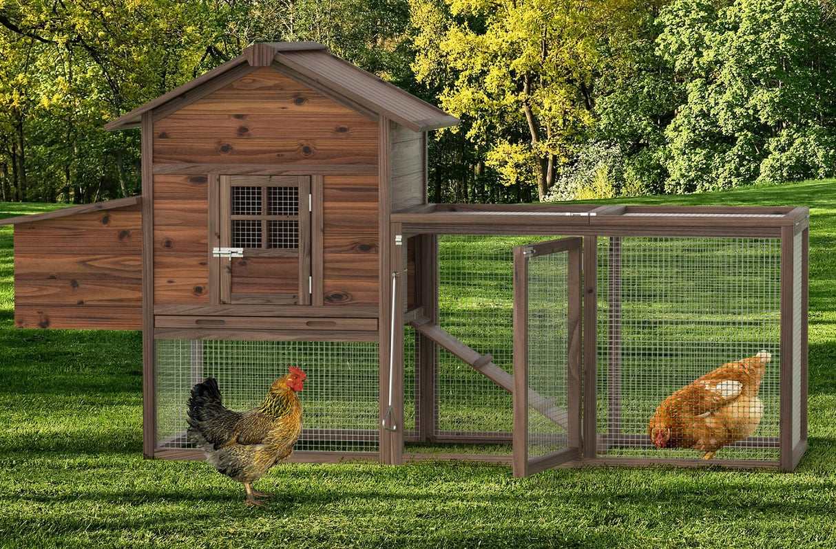 Wooden Chicken Coop Large Outdoor Hen House with Nest Box Poultry Cage Rabbit Hutch 80''- Waterproof UV Panel Brown Grezone