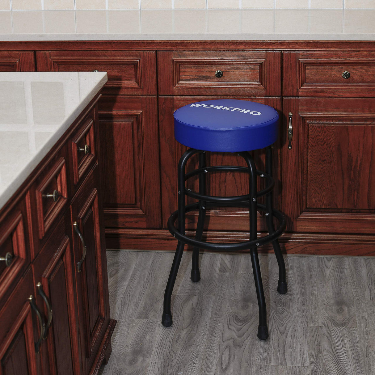 WORKPRO W112003 Garage Shop Stool, Heavy-Duty Steel Construction Garage Stool, Swivel Cushion Seat, Black Powder Coated Legs & Footrest (Single Pack) WORKPRO