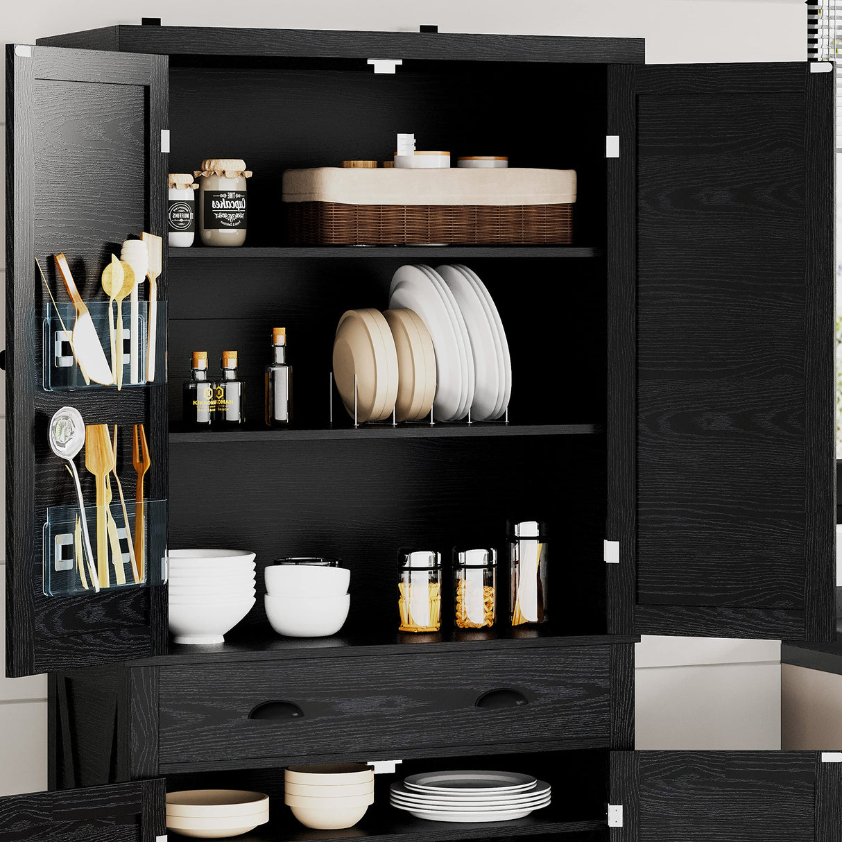 IRONCK Kitchen Pantry 72" Height,Storage Cabinet with Drawer, 4 Adjustable Shelves, Barn Doors, Freestanding Cupboard, Black IRONCK