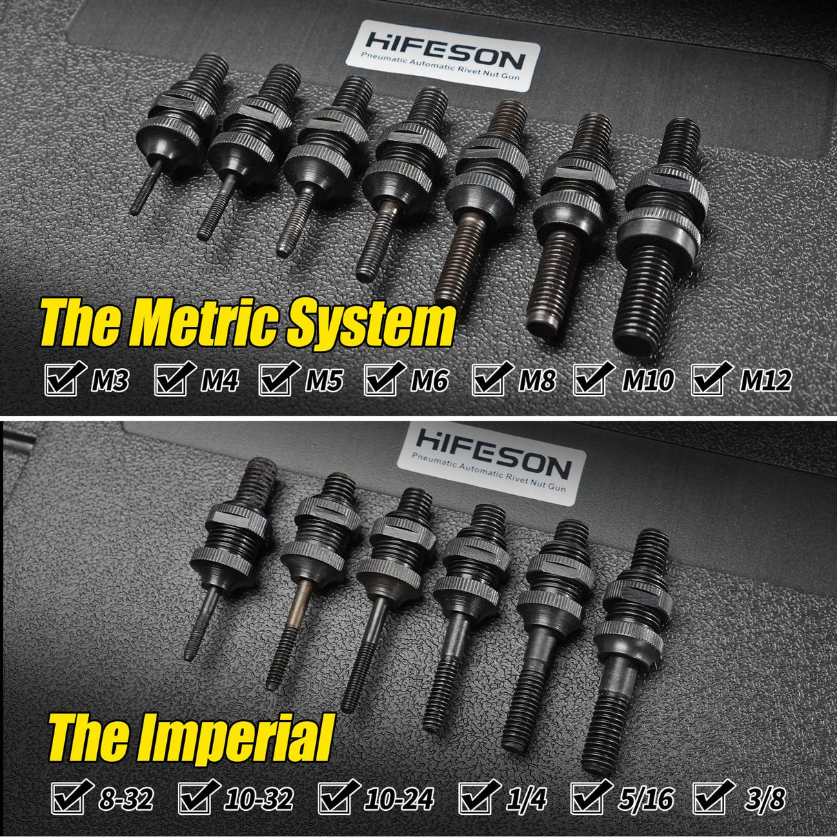 HIFESON Heavy Duty Air Hydraulic Rivet Nut Tool, Pneumatic Riveter Automatic Rivet Nut Gun Tool Setting Kit Come with 13 Size Metric and SAE HIFESON