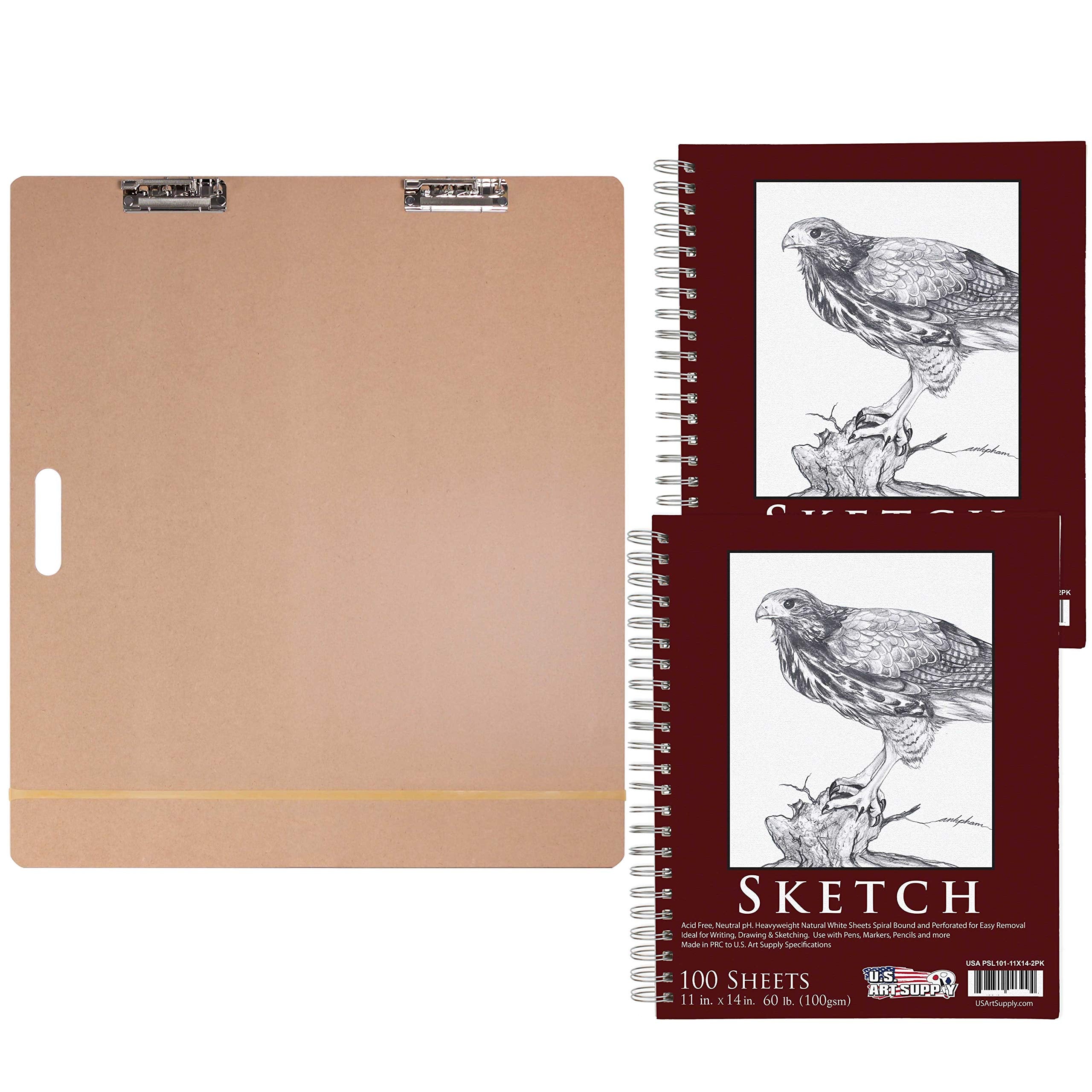  U.S. Art Supply 11 x 14 Top Spiral Bound Sketch Book Pad,  Pack of 2, 100 Sheets Each, 60lb (100gsm) - Artist Sketching Drawing Pad,  Acid-Free - Graphite Colored Pencils, Charcoal 