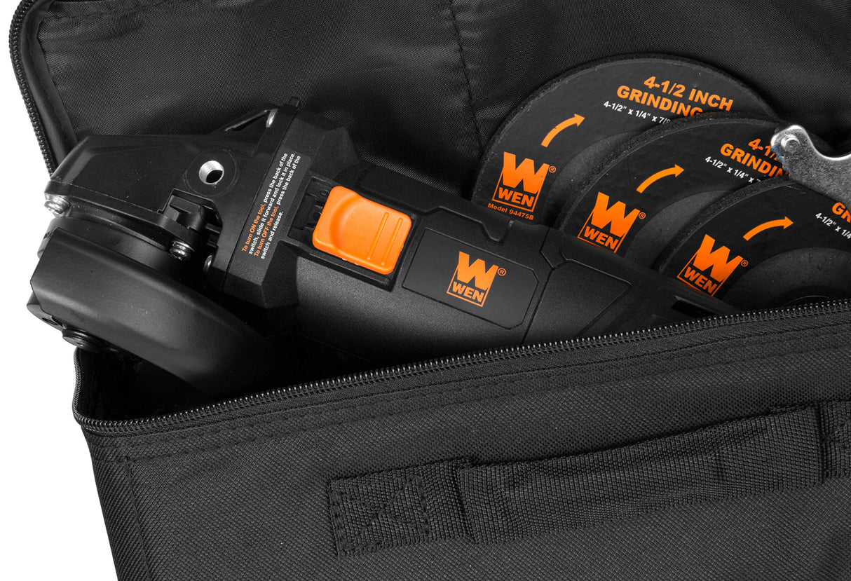 WEN 94475 7.5-Amp 4-1/2-Inch Angle Grinder with Reversible Handle, Three Grinding Discs, and Carrying Case, Black,orange WEN