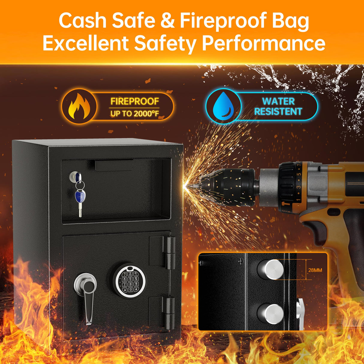 INTERGREAT Drop fireproof safe,2.6 Cub Depository Safe for Business, 80 lbs Large Deposit Money Security Safe Box with Digital keypad and keys for INTERGREAT