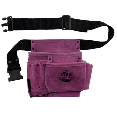 Graintex SS2293 5 Pocket Nail & Tool Pouch Purple Color Suede Leather with 2” Webbing Belt for Constructors, Electricians, Plumbers, Handymen