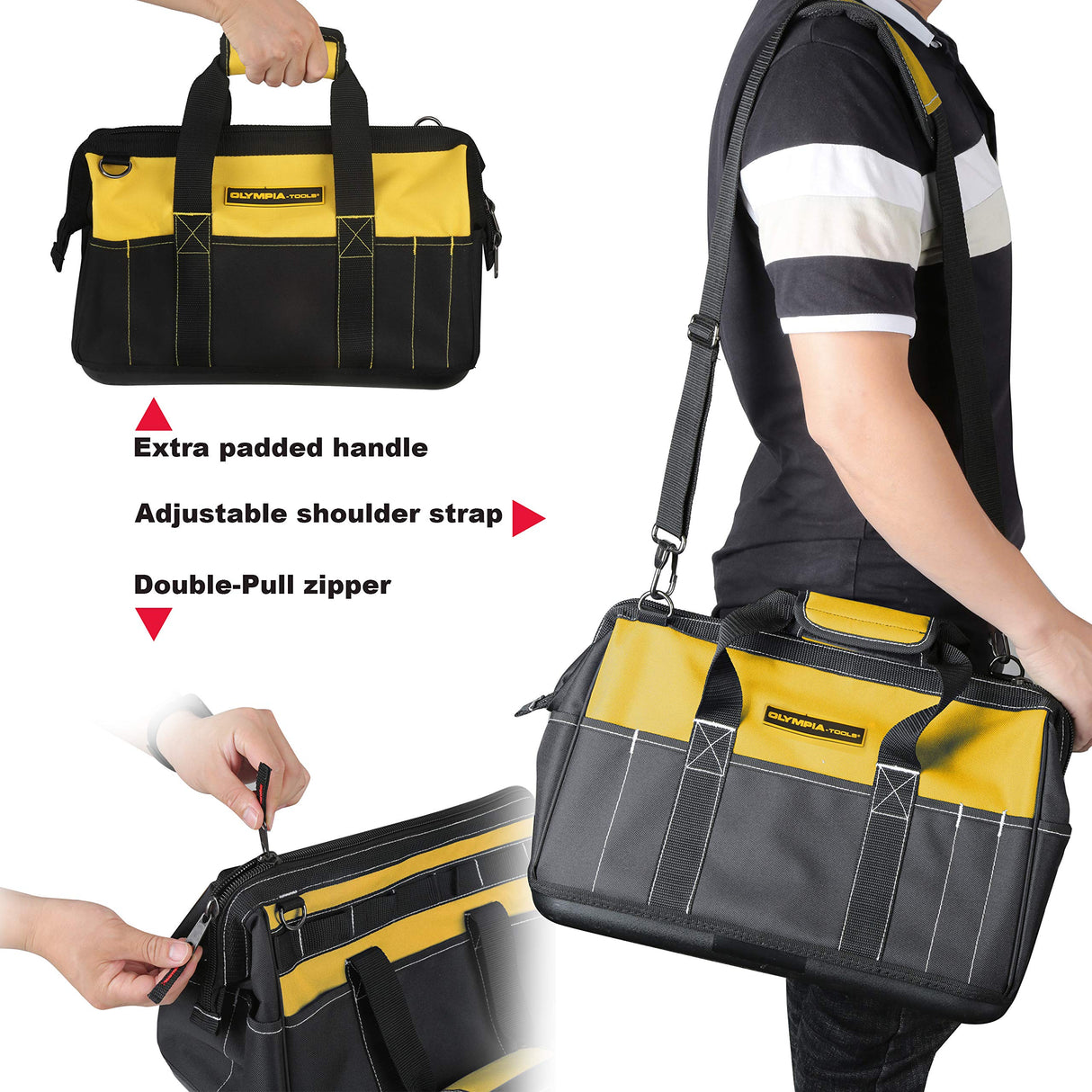 Olympia Tools 16 Inch Wide Mouth Tool Bag, Molded Waterproof Base with 21 Pockets and 7 Belt Loops, Padded Handle, Adjustable Shoulder Strap Olympia Tools