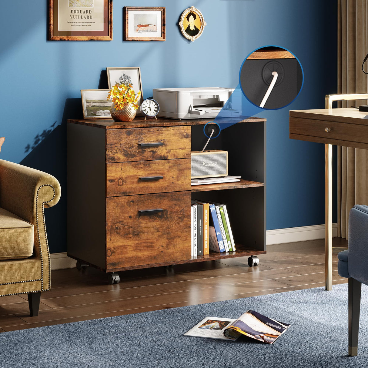 DEVAISE 3-Drawer Wood File Cabinet, Mobile Lateral Filing Cabinet, Printer Stand with Open Storage Shelves for Home Office, Rustic Brown DEVAISE